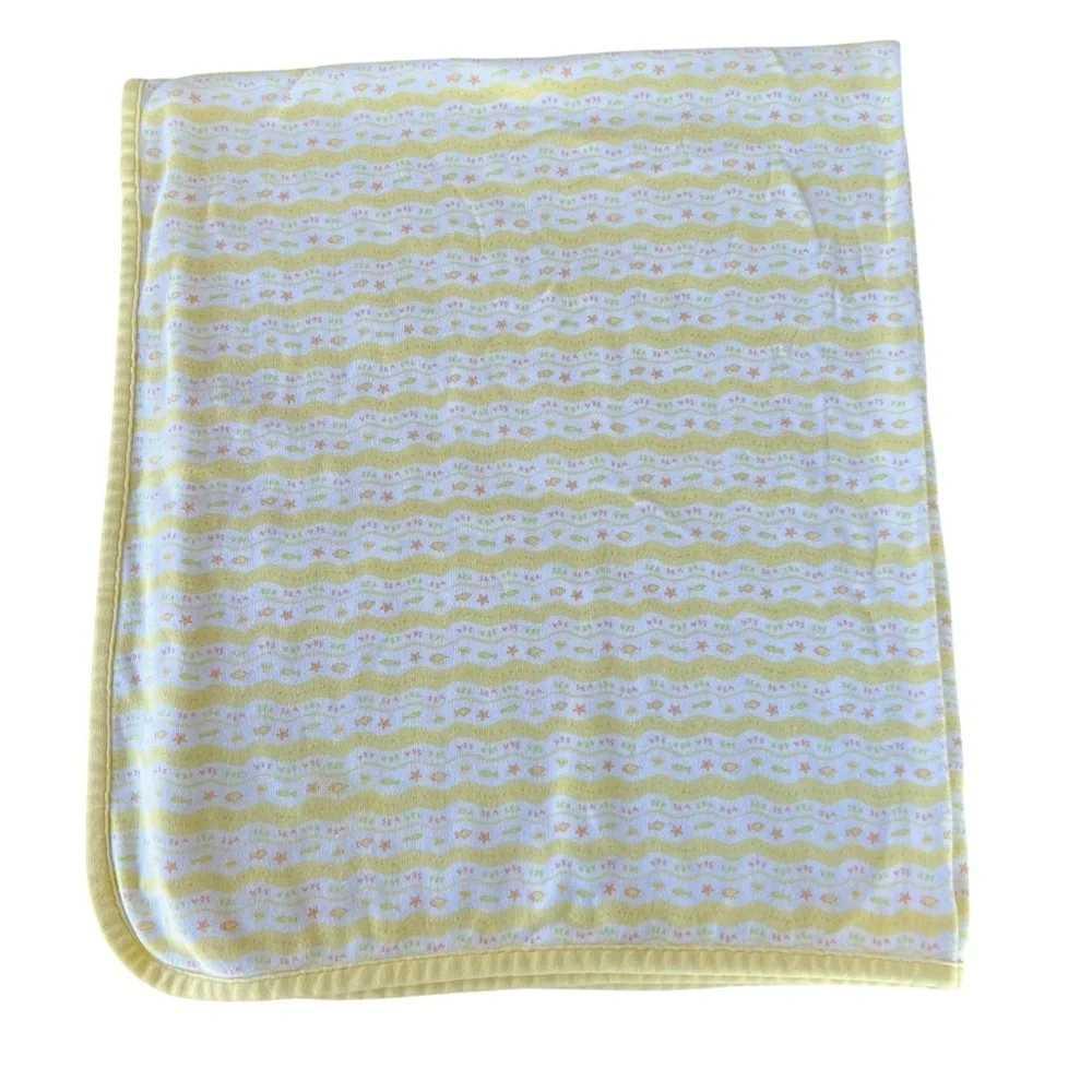 Vintage Gymboree Fish Sea Star Reversible Baby Blanket 90s  Yellow White GUC